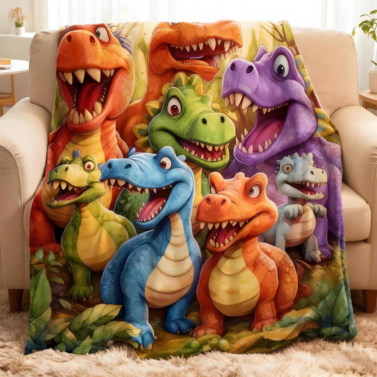 Dinosaur Blanket for Boys - 50x60in Cute Smiling Dinosaurs HD Digital Print Flannel, Soft Cozy Warm Lightweight Dino Blanket, All-Season Animal Theme for Boys Girls
