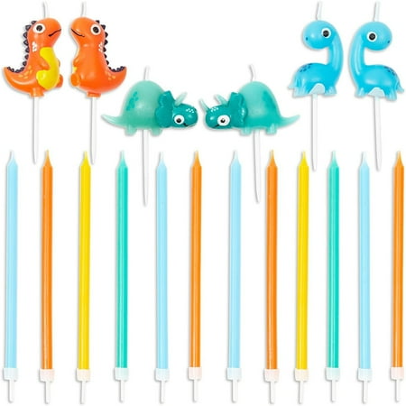 Blue Panda Dinosaur Candles 18-Pack - Thin Wax, Blue & Orange & Yellow & Green - Dinosaur Cake Candles for Birthday Party Decor