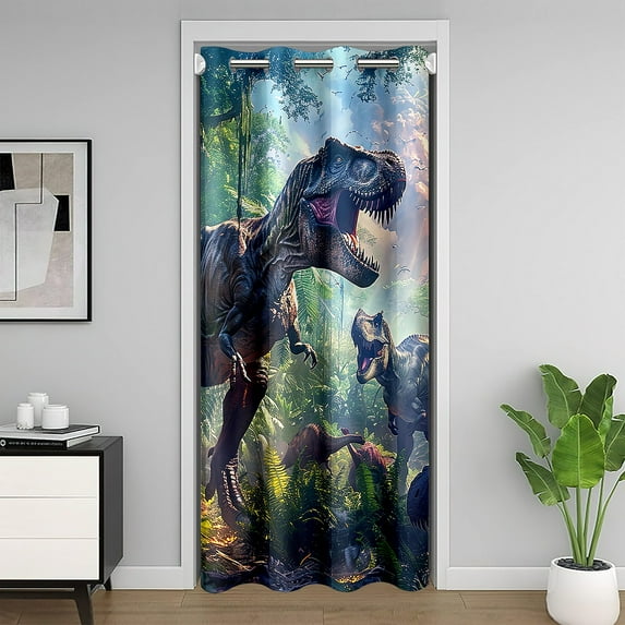 3D Dinosaur Door Curtain For Doorway Privacy Dino Silhouettes Jurassic Evolution Blackout Curtain Young Ancient Safari Animal Door Drape Jungle Woodland Room Divider Curtain,52"W X 80"L