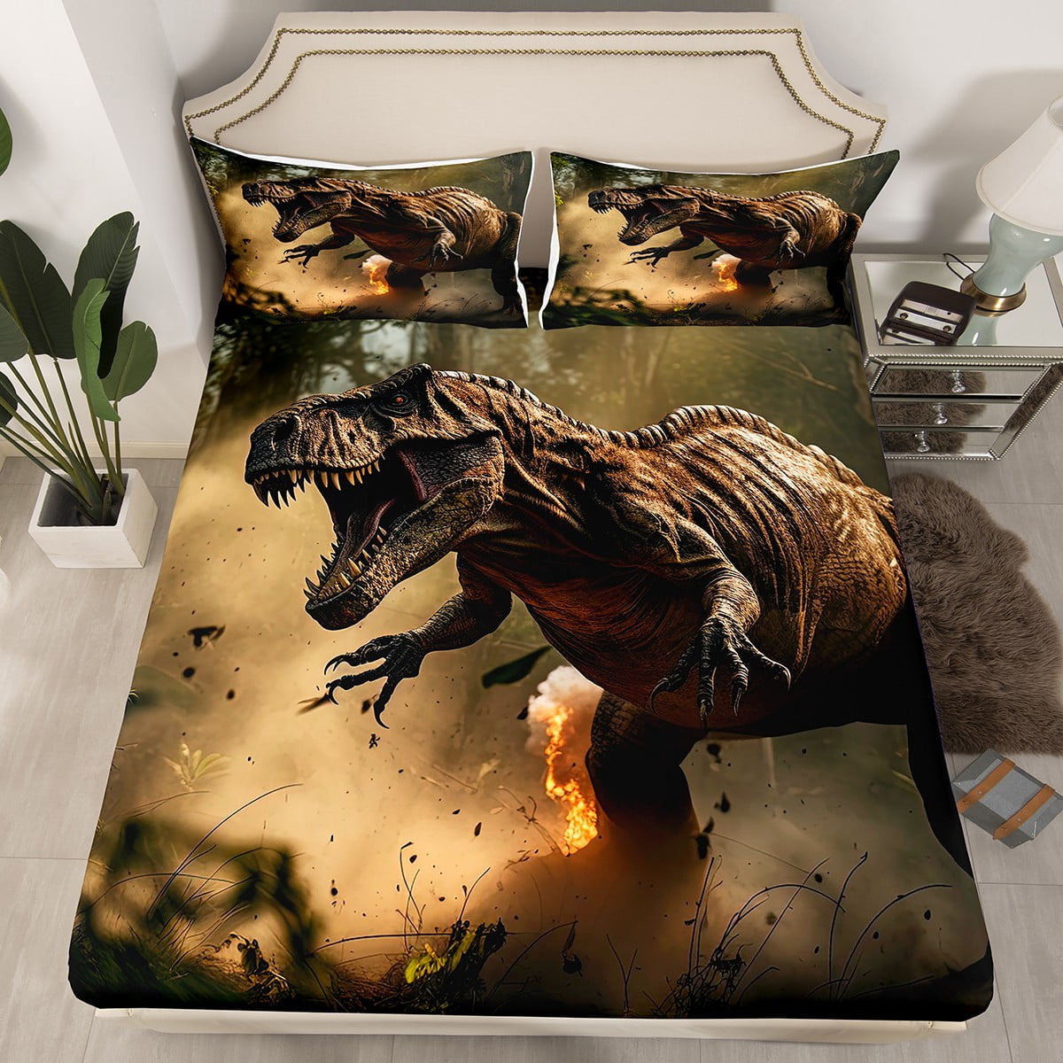 Allenjoy Full Size Fitted Sheet Set – Lion & Football Stadium Lights Pattern, Deep Pocket 16, Includes 2 Pillowcases