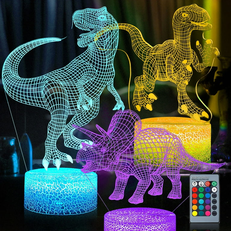 3D Dinosaur Night Light 3D Illusion Lamp Three Pattern and 7 Color Change Decor Lamp with Remote Control for Kids Dinosaur Gifts for Boys