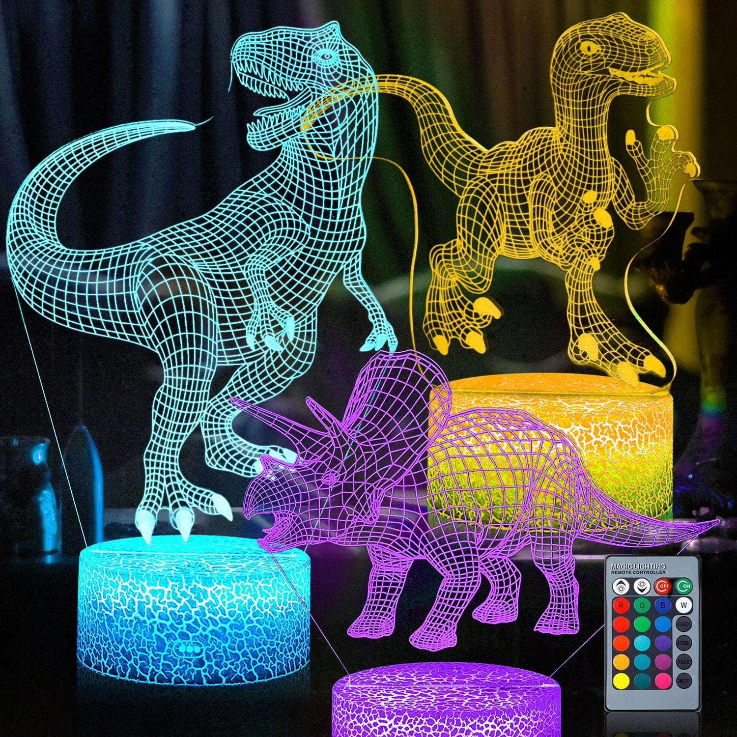 K9クリスタル 3D 恐竜 置物 LEDライトベース U充電 3D Dinosaur Bedroom Table Night Light - 3D Illusion Lamp, 7 Colors