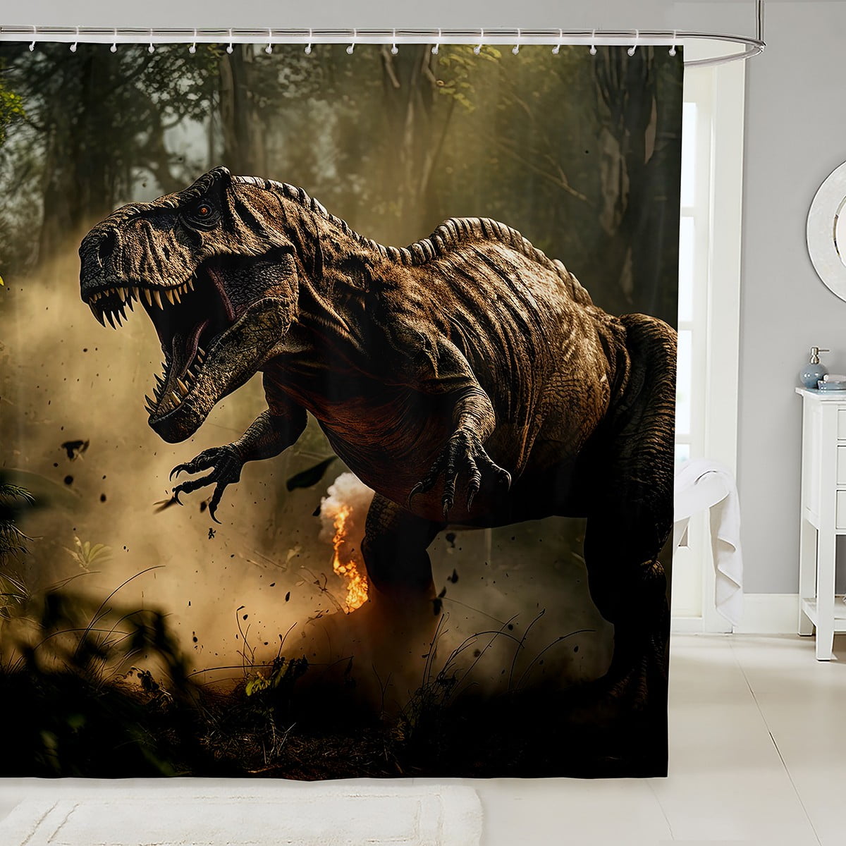 3D Dinosaur Shower Curtain Fierce Wild Animal Shower Curtain Historic