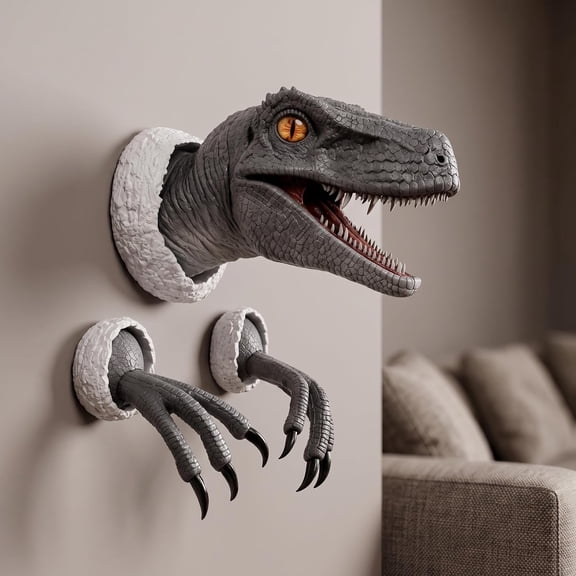 3D Dinosaur Wall Art Sculpture Velociraptor Head Wall Mount Wall-Mounted Resin Statue Dinosaur Home Bedroom