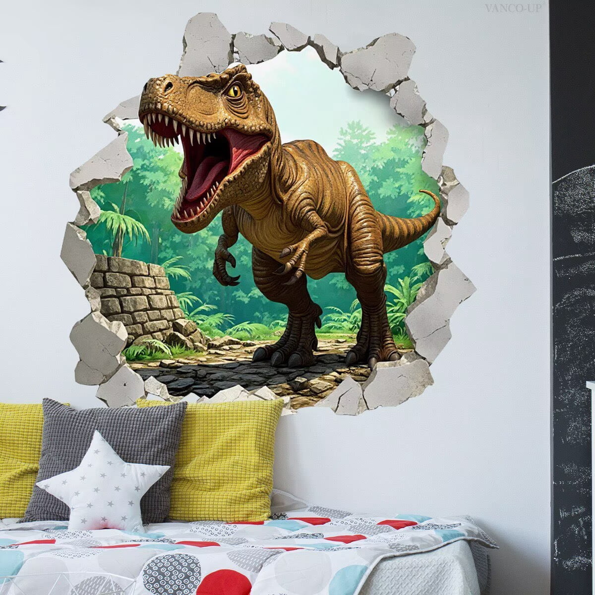 3D Dinosaur Wall Decals Break Through Large Dino Jungle Dinosaur Wall Stickers Peel and Stick Wall Art Decals for Boys Kids Bedroom Baby Nursery Playroom Classroom Decor