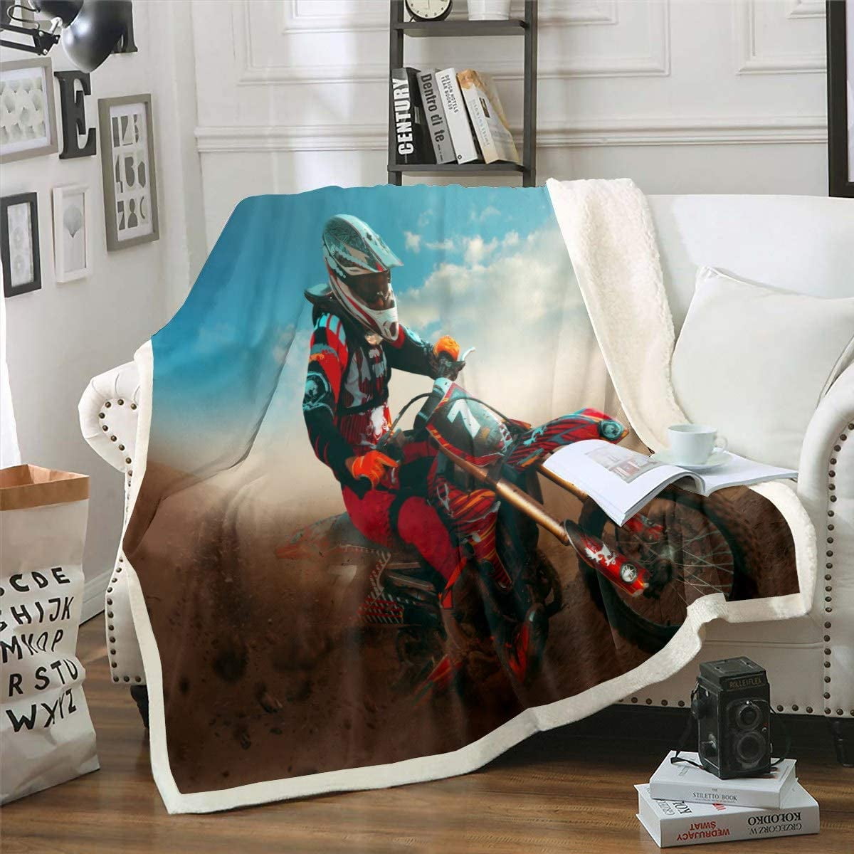 3D Dirt Bike Blanket for Kids Teen Man Extreme Sports Theme Fleece Blankets Motocross Racer