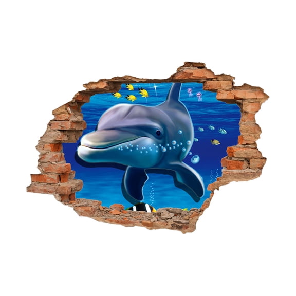 3D Dolphin Ocean Wall Decal, Fake Broken Wall Window Sticker With Underwater Scene, For Living Room Bedroom Background Wall Decor