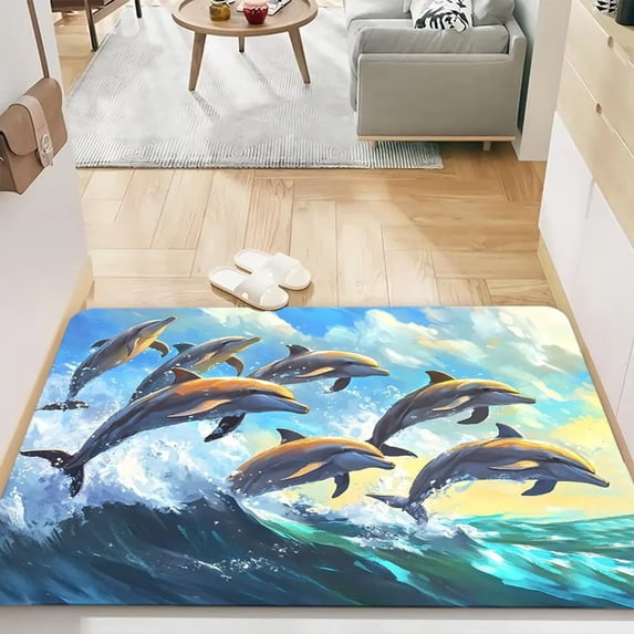 3D Dolphins Pattern Non-Slip Floor Mat, Water Absorbent Bathroom Rug, Entryway Runner, Washable Kitchen Carpet, Anti-Fatigue Living Room Decor, Soft Velvet Bath Mat for Home, Office, Laundry Room