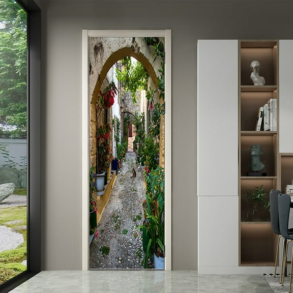 3D Door Decal Peel and Stick Door Stickers Removable Door Murals Self-Adhesive DIY Wallpaper PVC Waterproof Arched Landscape Door Poster,SP-F488,XL(47.5x215cmx2Pcs