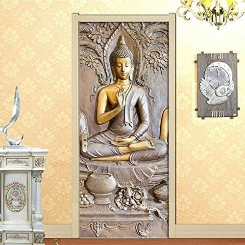 3D Door Sticker Door Wallpaper Wall Picture Self-Adhesive PVC Buddha Art Decals Creative Poster Wallpaper Door Film Waterproof Removable Decoration For Bedroom Photo Wallpaper