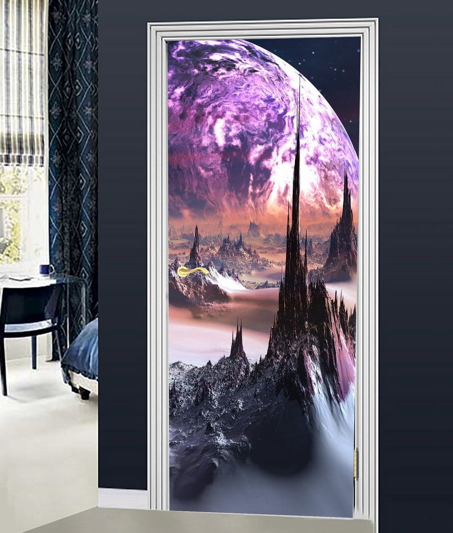 3D Door Sticker Fantasy Planet Mural Wall Sticker DIY Door Cover ...