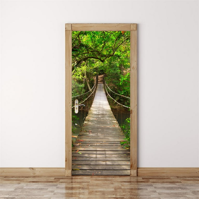 3D Door Sticker Forest Wall Mural Art Green Tree Drawbridge 