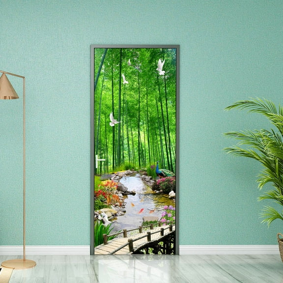 3D Door Sticker Peel and Stick -Self-Adhesive Door Wallpaper Mural Decal-Green Bamboo Forest Doves Wall Poster for Bedroom Home Office Decor
