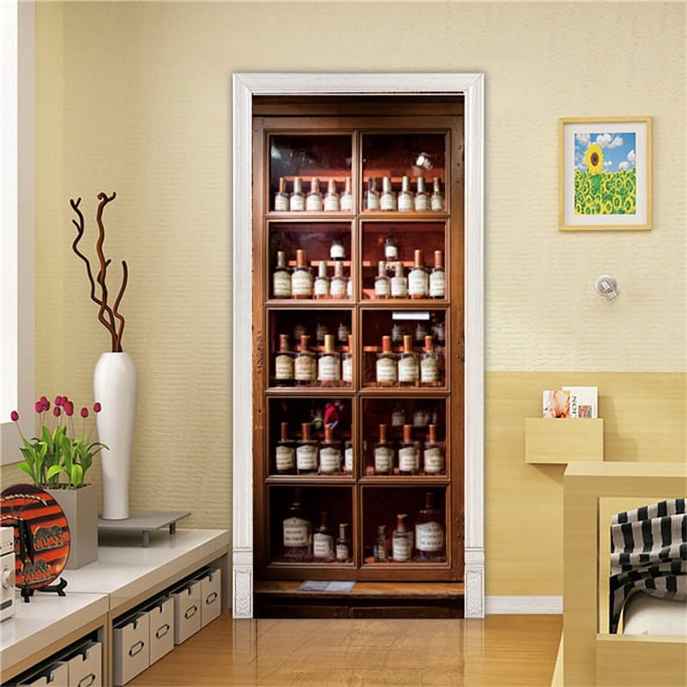 3D Door Sticker Wine Cabinet Bookshelf Self Adhesive Poster For Living ...