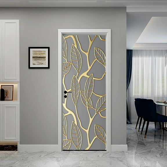 3D Door Stickers for Interior Doors 3D Gold Lattice with Pattern of Leaf Modern Abstract Art Vinyl Removable Self Adhesive Door Poster Wallpaper Mural Decals for Bedroom Office