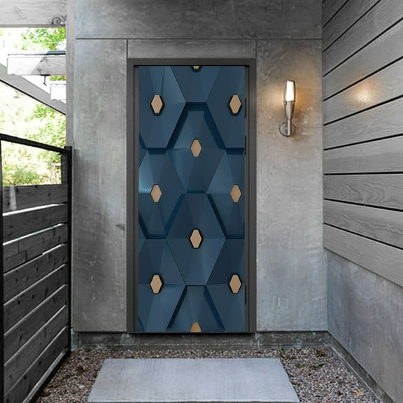 3D Door Stickers for Interior Doors Blue Hexagon Geometric Background Vinyl Removable Self Adhesive Door Poster Wallpaper Mural,SP-F883,M(44x200cmx2Pcs)