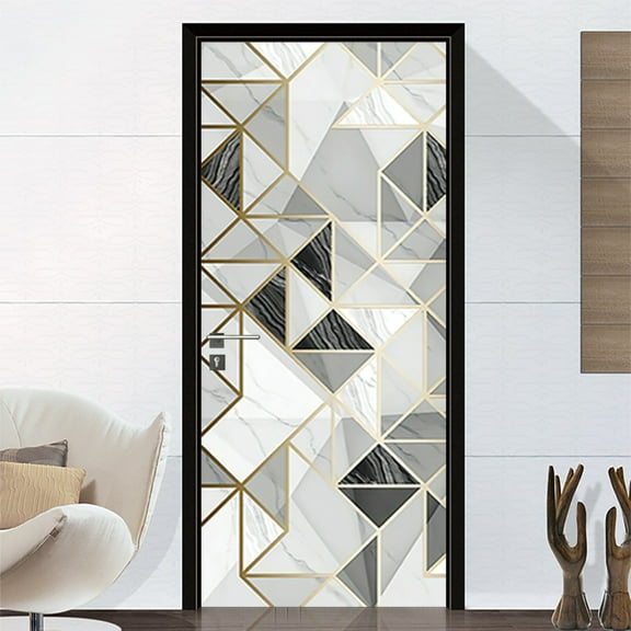 3D Door Stickers for Interior Doors Grey White Golden Triangle Geometric Background Abstract Art Vinyl Waterproof Self Adhesive Door Mural Decals for Bedroom Office Bathroom
