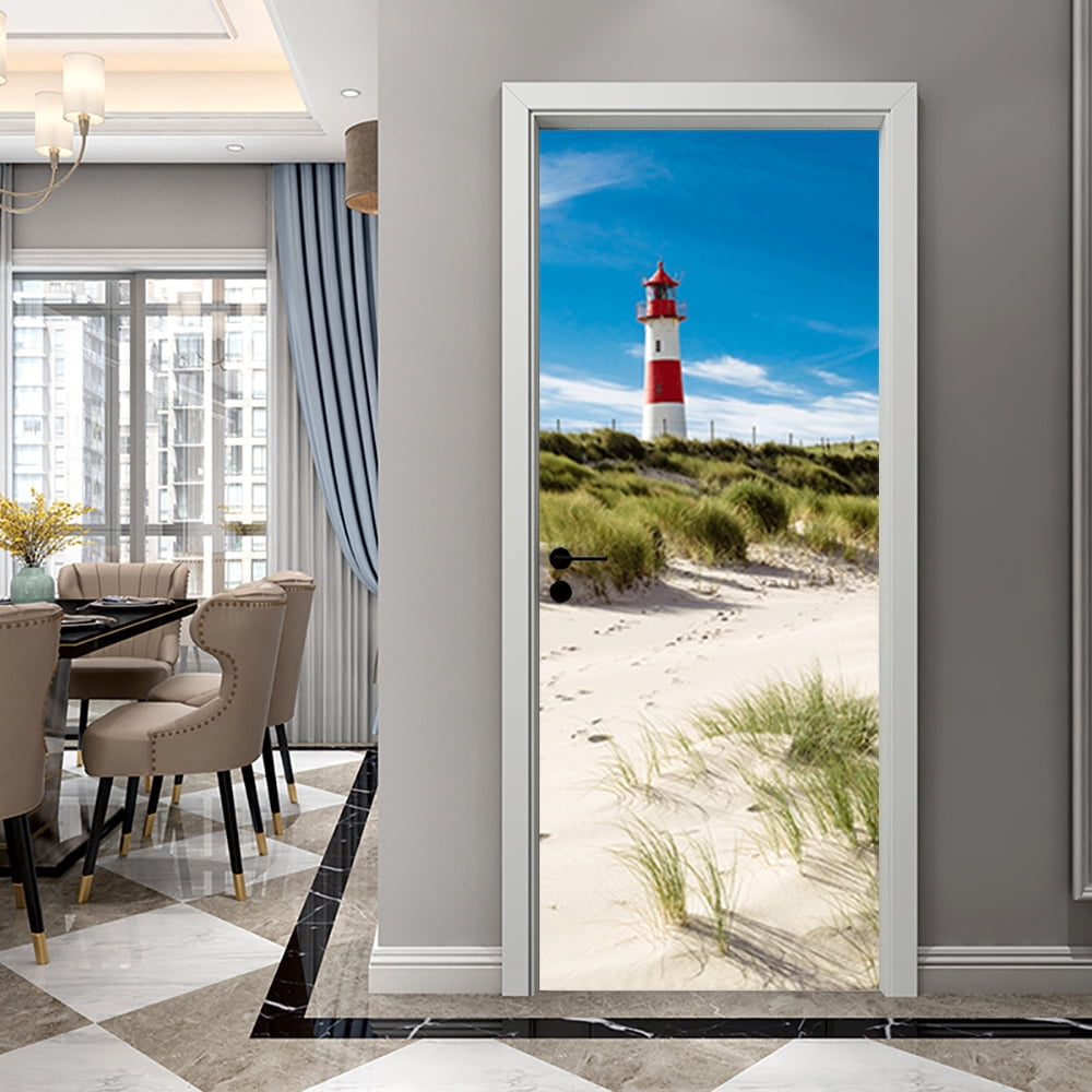 3D Door Stickers for Interior Doors Lighthouse Red White on Dune Sylt Island Germany Vinyl Waterproof Self Adhesive Door Mural,SP-F301,S(38.5x200cmx2Pcs)
