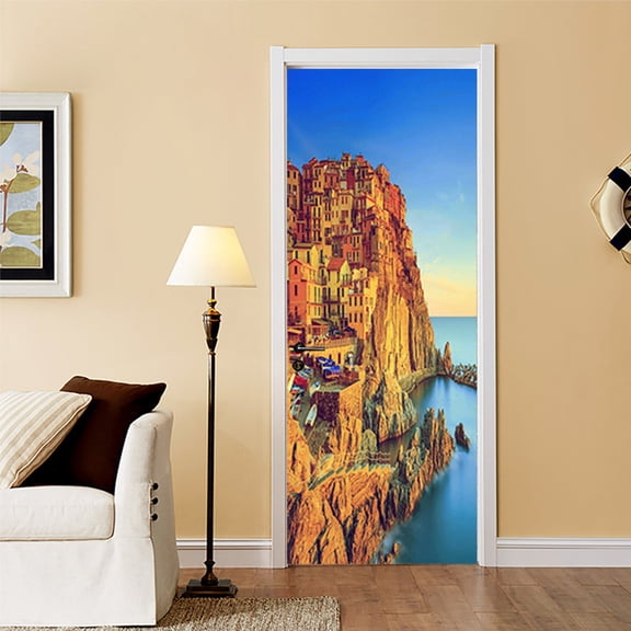 3D Door Stickers for Interior Doors Manarola Village On Cliff Rocks Seascape Vinyl Waterproof Self Adhesive Door Mural Decals,SP-F487,M(44x200cmx2Pcs)