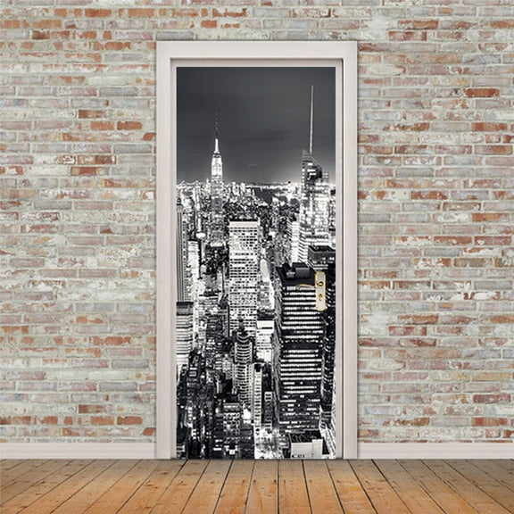 3D Door Stickers for Interior Doors Night Aerial View of New York Buildings Vinyl Waterproof Self Adhesive Door Mural Decals,SP-F417,S(38.5x200cmx2Pcs)