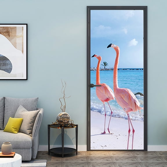 3D Door Stickers for Interior Doors Pink Flamingo Walking on Sandy Beach Aruba Island Tropical Sea Vinyl Waterproof Self Adhesive Door Mural,SP-F222,S(38.5x200cmx2Pcs)