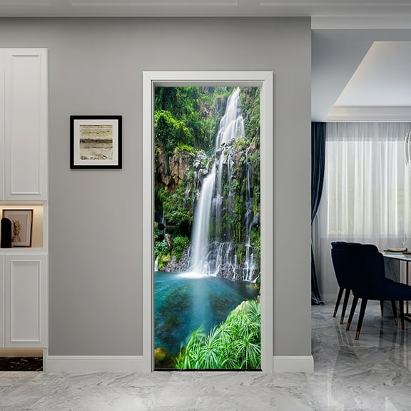 3D Door Stickers for Interior Doors Waterfall in The Jungle Nature Landscape Vinyl Waterproof Self Adhesive Door Mural Decals for Bedroom Office Bathroom