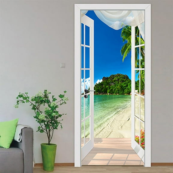 3D Door Stickers for Interior Doors Window sill seaside scenery Vinyl Removable Self Adhesive Door Poster Wallpaper Mural Decals for Bedroom Office Bathroom