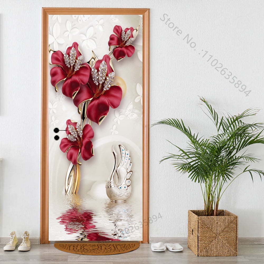 3D Door Stickers Murals Peel and Stick Flower Door Wallpaper Self