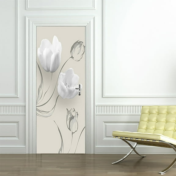 3D Door Stickers Self Adhesive White Flowers Door Mural Removable Wall Decal Decoration