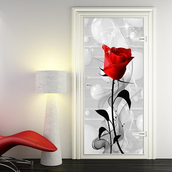 3D Door Stickers for Interior Doors Red Rose Floral Background Vinyl Waterproof Self Adhesive Door Mural Decals for Bedroom Office Bathroom