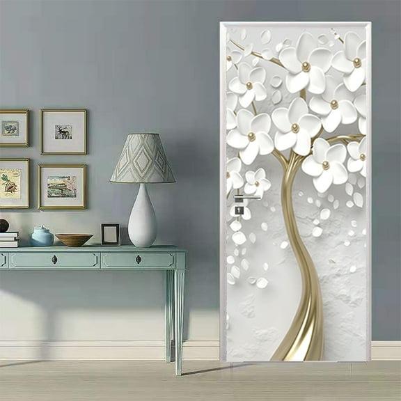 3D Door Stickers for Interior Doors White Flowers Background Modern Art Vinyl Waterproof Self Adhesive Door Mural Decals for Bedroom Office Bathroom
