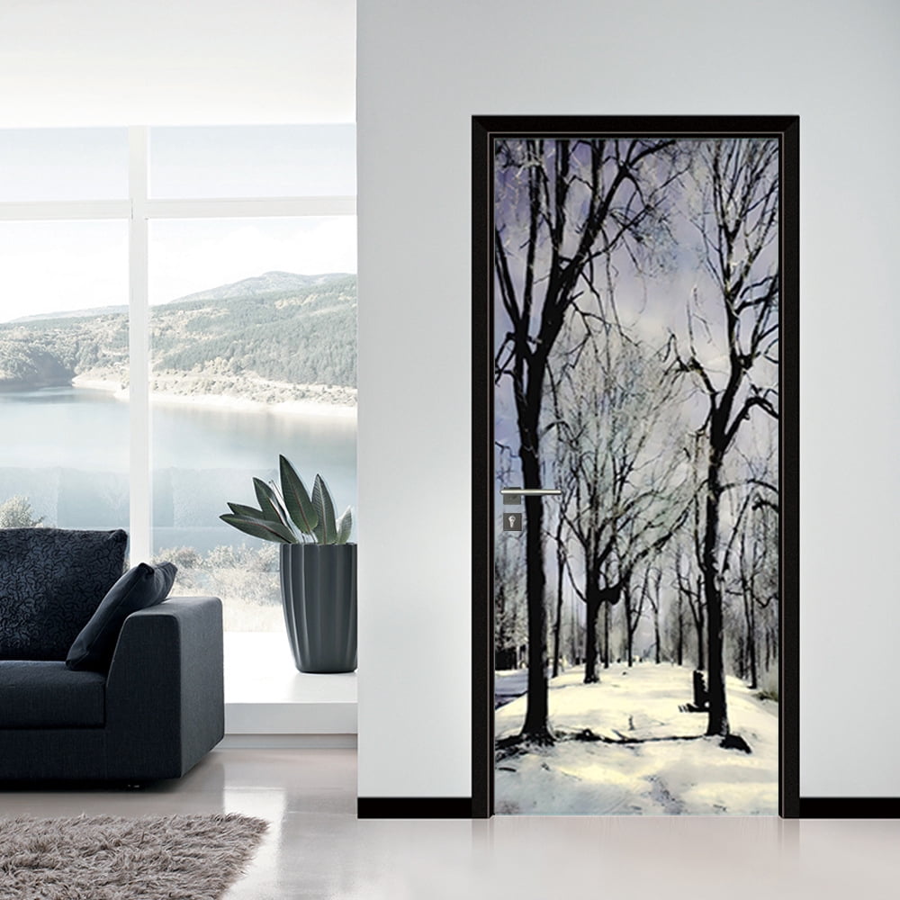 3D Door Stickers for Interior Doors Winter Forest in Black and White Monochrome Vinyl Waterproof Self Adhesive Door Mural,SP-F875,M(44x200cmx2Pcs)