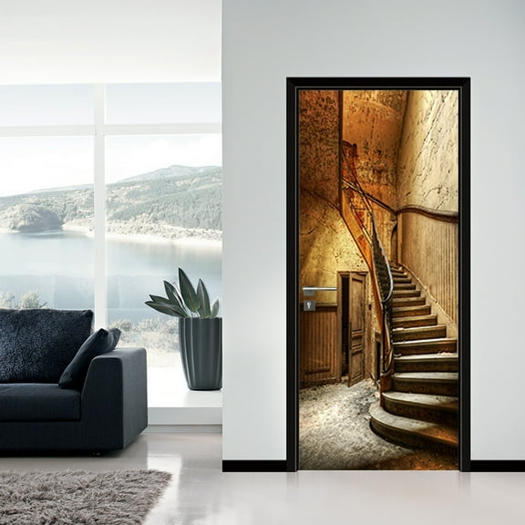 3D Door Wallpaper Self-Adhesive Door Sticker - Old Stairs - Door Film Poster Premium PVC Waterproof Wall Sticker Door Decoration Wallpaper,SP-F879,M(44x200cmx2Pcs)