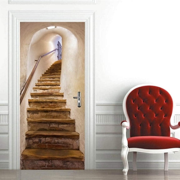 3D Door Wallpaper Self-Adhesive Narrow Stairs Door Poster Photo Wallpaper Door Film Poster Wallpaper Removable Waterproof PVC Wall Wallpaper for Living Room