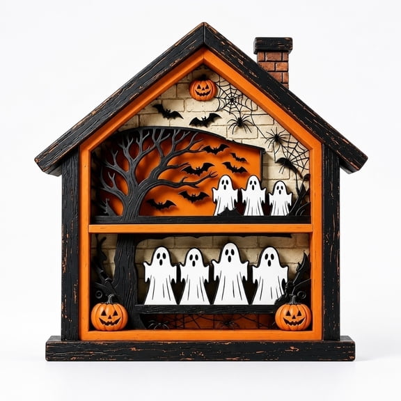 3D Double Layer Halloween Wooden House Ornament, Distressed Wood Gothic Decor With Pumpkin Ghost Bat, Wall Hanging For Mantel, Entryway, Desktop & Tiered Tray Holiday Display