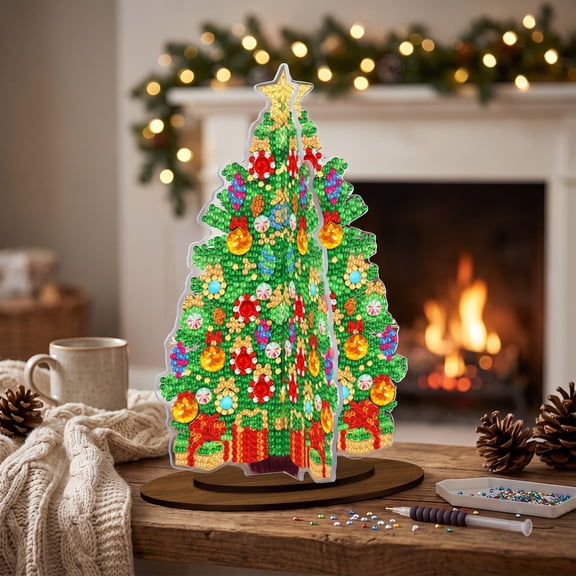 3D Double Sided Diamond Art Christmas Tree DIY Crystal Drill Tabletop Ornament with Wooden Base for Holiday Desk Decor Gift