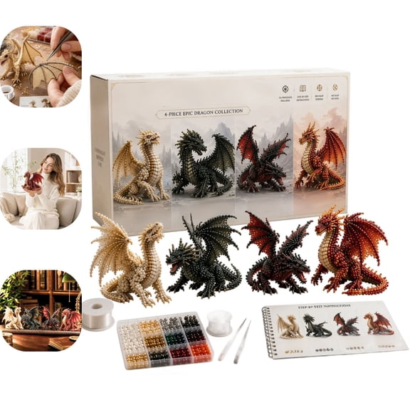 3D Dragon Bead Animal Making Kit, 4PCS DIY Beading Kit for Adults, Handmade Dragon Figurine Craft Set for Home Decor & Unique Gifts