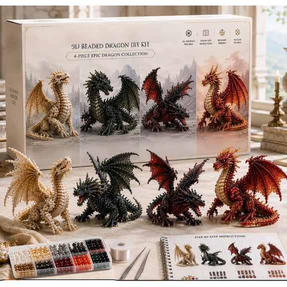3D Dragon Bead Craft Kit for Beginners, Easy DIY Beading Set for Adults, Step-by-Step Animal Figurine Project