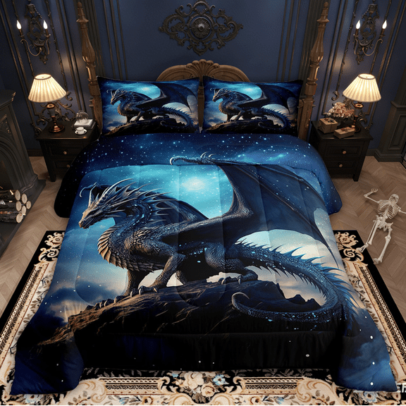 3D Dragon Bedding Set Magic Comforter Set, Blue Galaxy Bedding Comforter Sets Magical Animal Quilted Comforter, Mystic Stars Duvet Set Bedroom Decor 3pcs