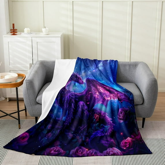 3D Dragon Blanket Throw 50x60,Animals Starry Sky Printed Throw Blanket,Flowers Safari Luxury Soft Fleece Blanket For Sofa Bed,Purple Blue Wildlife Lightweight Fuzzy Blanket