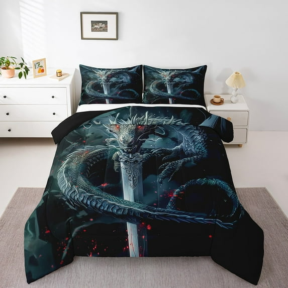 3D Dragon Comforter Set Sword Dragon Bedding Twin,Cool Animal Fire Dragon Theme Quilt Set Adults Magical Dragon Fierce Animal Print Duvet Set With 1 Pillowcase