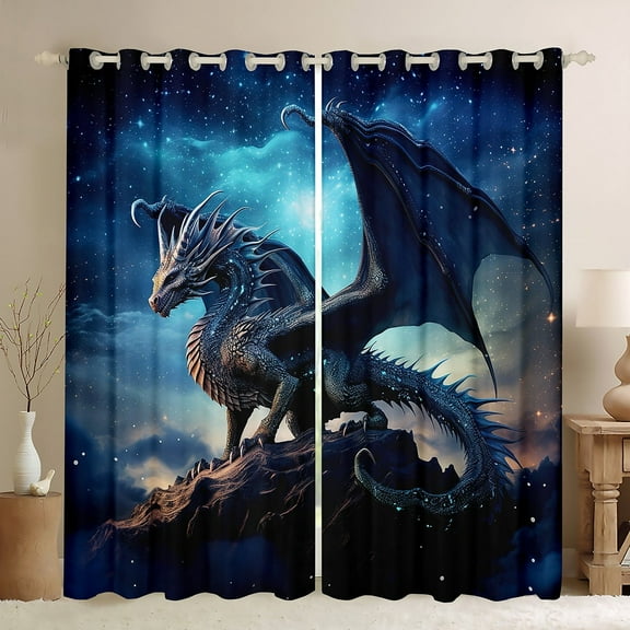 3D Dragon Curtains Magic Blackout Curtains, Blue Galaxy Curtains & Drapes Magical Animal Bedroom Curtains, Mystic Stars Window Treatments Bedroom Decor