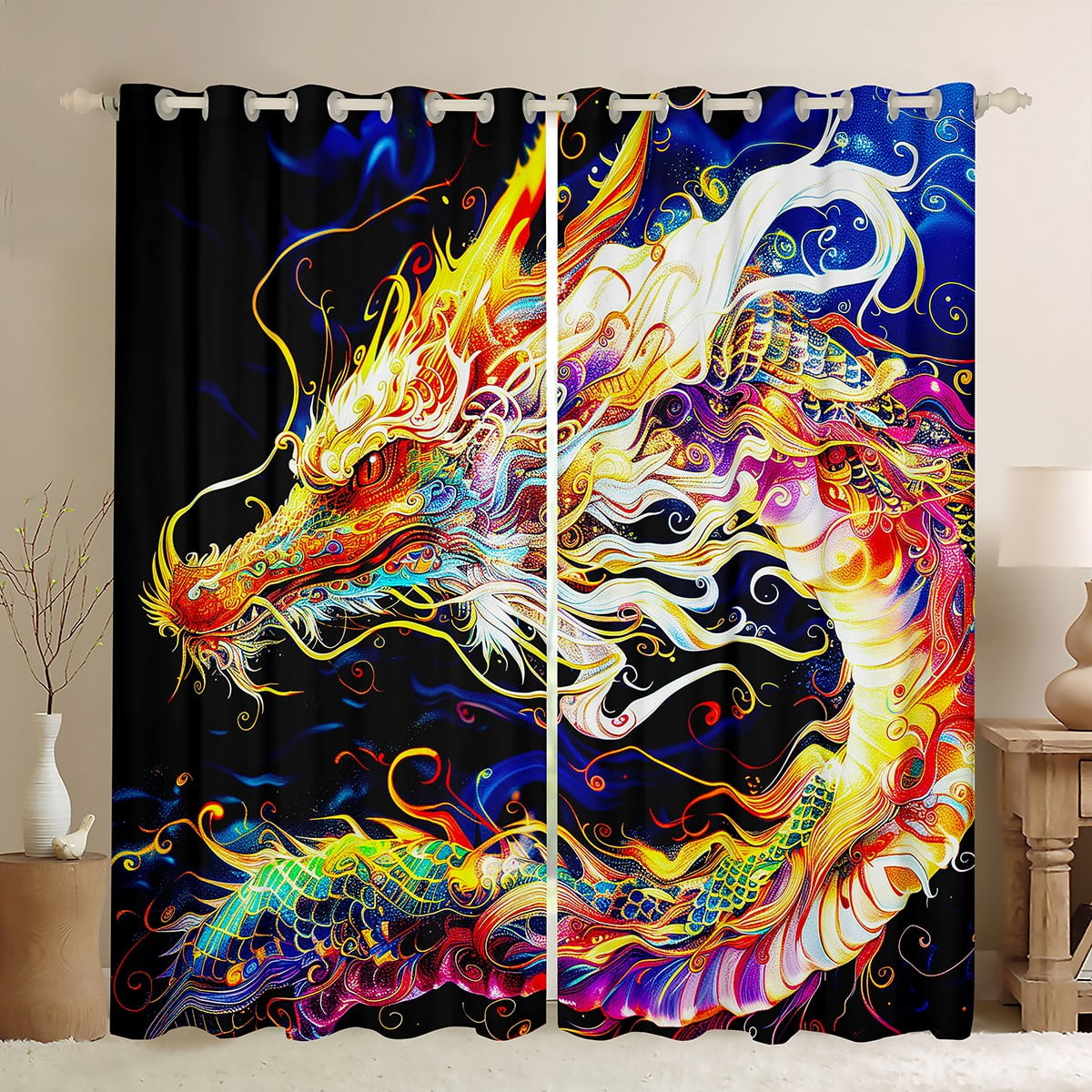 3D Dragon Curtains & Drapes,Watercolor Dragon Scale Blackout Curtains ...