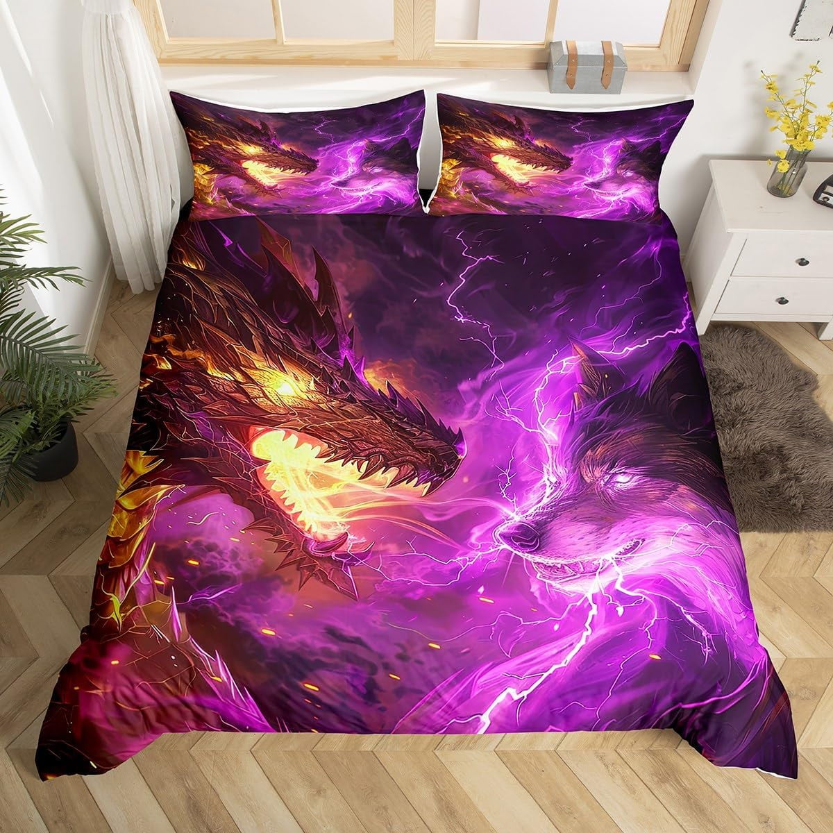 3D Dragon Duvet Cover Wild Wolf Bedding Sets for Boys,Vintage Gothic
