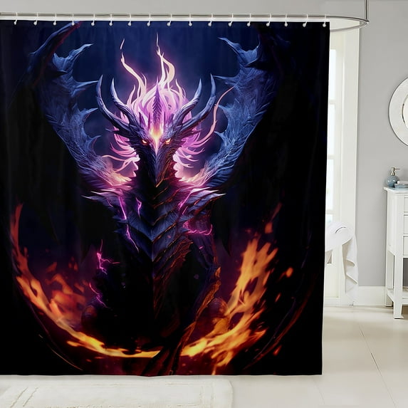 3D Dragon Lovers Bathroom Shower Curtain Sets Purple Fire Dragon Fabric Shower Curtain Pattern Shower Curtain Cool Dragon and Feather Waterproof Bathroom Curtains 72"Wx78"L