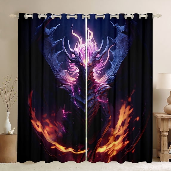 3D Dragon Lovers Curtains & Drapes Purple Fire Dragon Curtains Pattern 30%-50% Blackout Curtains Cool Dragon and Feather Window Treatments 38''Wx45''L
