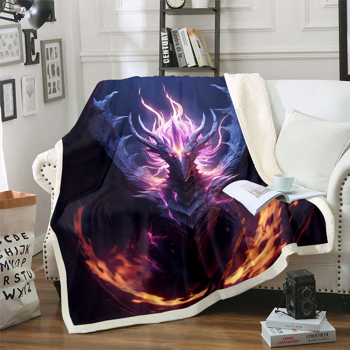 3D Dragon Lovers Fuzzy Blanket Purple Fire Dragon Fleece Blanket for Kids Boys Girls Room Decor Pattern Throw Blanket Cool Dragon and Feather Sherpa Blanket Queen Walmart