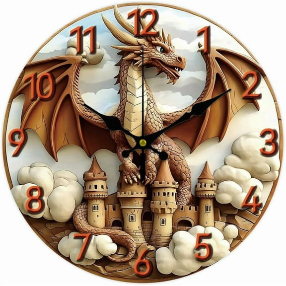 3D Dragon Wall Clock Castle Non-Ticking Clock 12 Inch Round Decorative Clocks Printed Wall Clocks for Home Office Decoration for DIY
