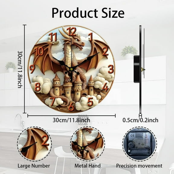 3D Dragon Wall Clock Castle Non-Ticking Clock 12 Inch Round Decorative Clocks Printed Wall Clocks for Home Office Decoration