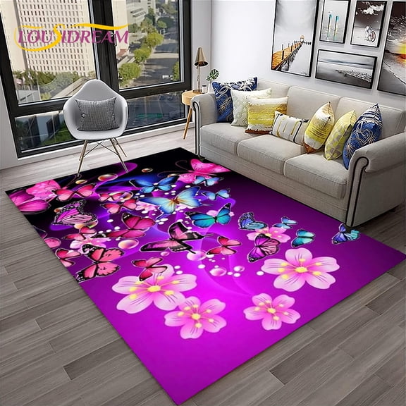 3D Dream Butterfly Flower Carpet Rug for Home Living Room Bedroom Sofa Doormat r Kid Play Area Rug Non-slip Floor Mat